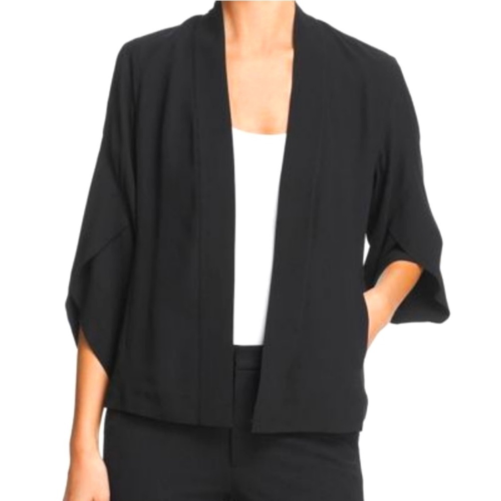 Eileen Fisher Silk Crepe Back Satin Open Front Jacket In Black Size Small